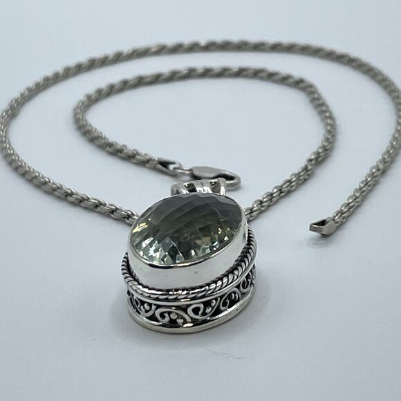 925 Sterling Silver Twist Rope Chain Green Spinel Oval Pendant Necklace Boho - Picture 10 of 10